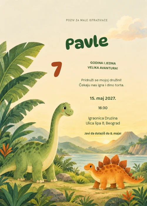 Pozivnica Dino ekspedicija sa dinosaurusima i tropskim lišćem, zelenim oblim imenom ukoso, velikim narandžastim brojem godina i podacima desno