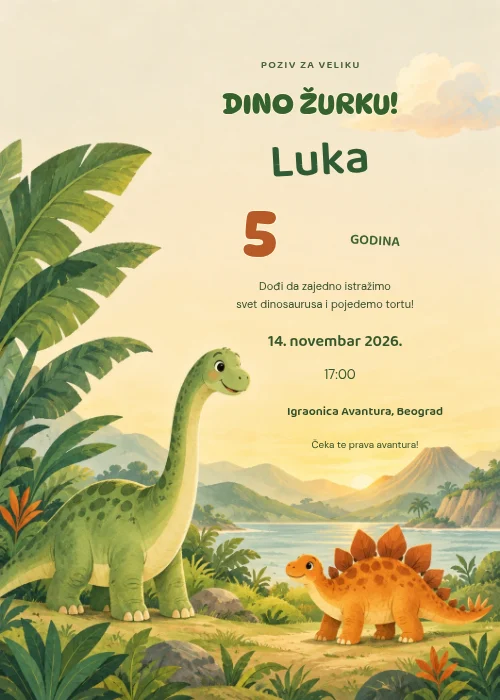 Pozivnica za dečiji rođendan sa zelenim i narandžastim dinosaurusima, tropskim lišćem i razigranim zelenim slovima na žutoj pozadini