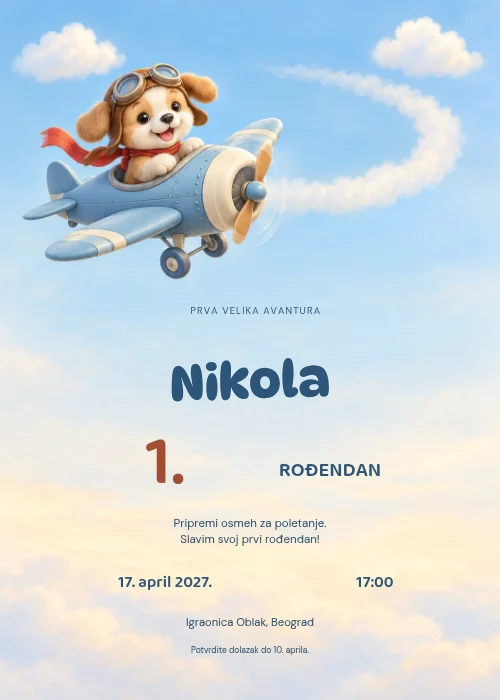 Plava pozivnica za 1. rođendan sa psićem pilotom u avionu, crvenim šalom i belim oblačićima, sa razigranim imenom ispod aviona