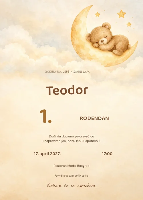 Krem pozivnica za prvi rođendan sa uspavanim medom na zlatnom polumesecu, zvezdicama i oblačićima, uz zaobljeno smeđe ime i veliku jedinicu