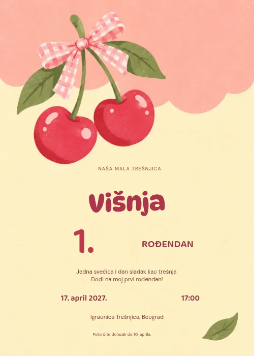Pozivnica za 1. rođendan sa dve crvene trešnjice, roze kariranom mašnom i talasastom roze ivicom, sa razigranim crvenim slovima na žutoj pozadini