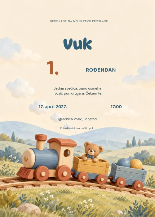 Pozivnica za 1. rođendan sa drvenim plavim vozićem, medom u vagonu, livadom i oblačićima, uz plava slova i veliki narandžasti broj jedan