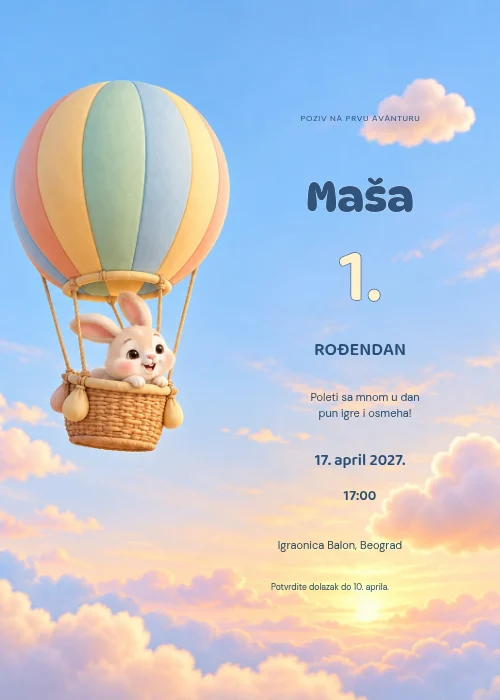 Pozivnica za 1. rođendan sa belim zekom u pastelnom balonu na levoj strani, plavim nebom i ružičastim oblacima, uz vedar tekst desno