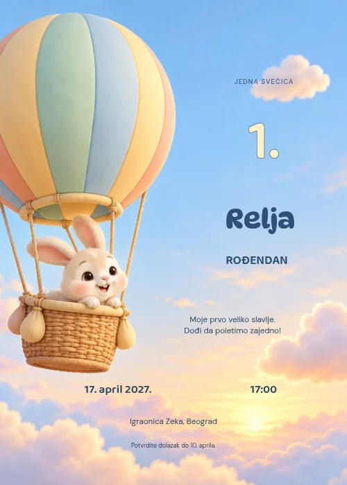Pozivnica za prvi rođendan sa velikim pastelnim balonom, veselim zekom u korpi i zlatnim zalaskom, uz ime desno i podatke ispod balona