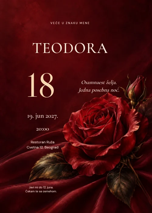 Tamna bordo pozivnica za 18. rođendan sa crvenom ružom i svilenim naborima dole desno, svetlim svečanim imenom gore i podacima levo