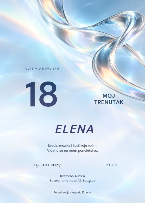 Ledeno plava pozivnica za punoletstvo sa hromiranim holografskim trakama gore, velikim plavo-ljubičastim brojem 18 levo i tamnim tekstom ispod