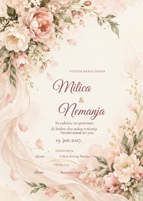 Cvetna pozivnica za venčanje sa roze i belim božurima, svilenom trakom i zlatnim grančicama, uz tamnoružičasta kaligrafska imena na krem pozadini