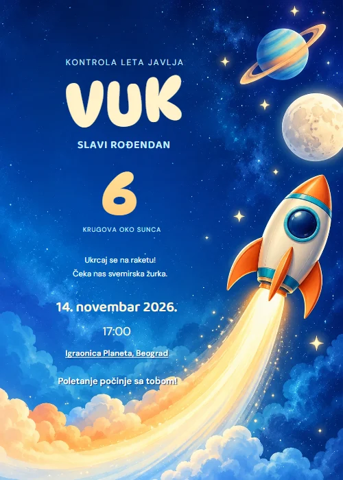 Plava svemirska pozivnica za dečiji rođendan sa narandžastom raketom, planetom sa prstenovima, Mesecom i velikim zlatnim brojem godina