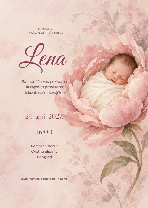Roze pozivnica za rođenje devojčice sa uspavanom bebom u cvetu božura na desnoj strani, tamnoružičastim kaligrafskim imenom i tekstom levo