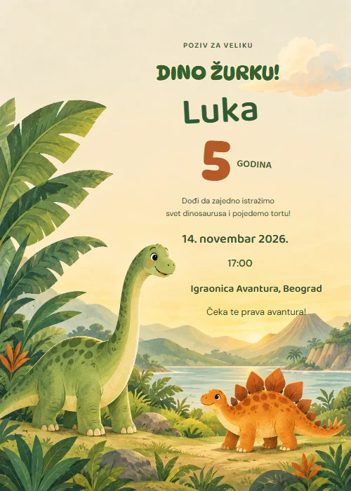 Pozivnica za dečiji rođendan sa zelenim i narandžastim dinosaurusima, tropskim lišćem i razigranim zelenim slovima na žutoj pozadini