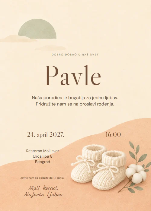 Minimalistička pozivnica za rođenje bebe sa krem pletenim patofnicama i pamukom dole desno, zelenim suncem i velikim smeđim imenom u sredini