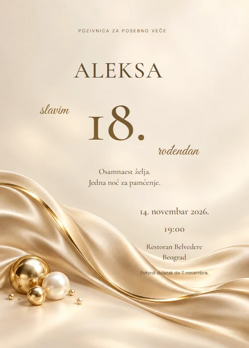 Elegantna krem i zlatna pozivnica za 18. rođendan sa satenskim talasom i biserima, velikim bronzanim brojem 18 i asimetričnim svečanim tekstom