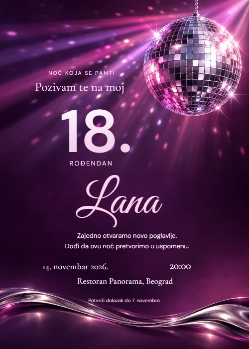 Ljubičasta pozivnica za 18. rođendan sa disko kuglom, ružičastim svetlosnim zracima, velikim svetlim brojem 18 i kaligrafskim imenom Lana